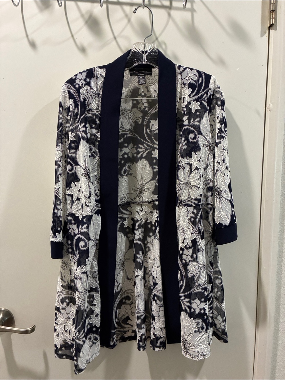 R&M Richards Navy and White Floral Open Cardigan